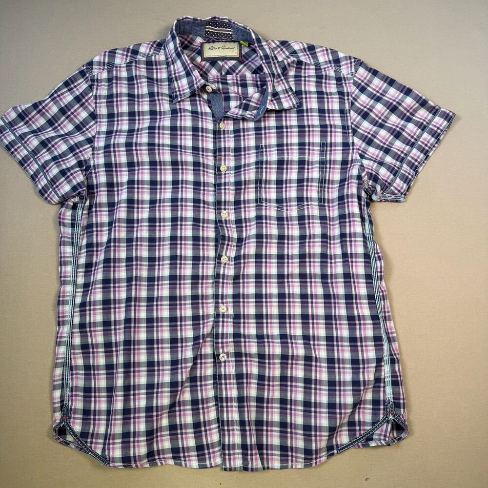 Robert Graham Short Sleeve Shirt Mens XL Plaid Blue Pink Lavender Button Up